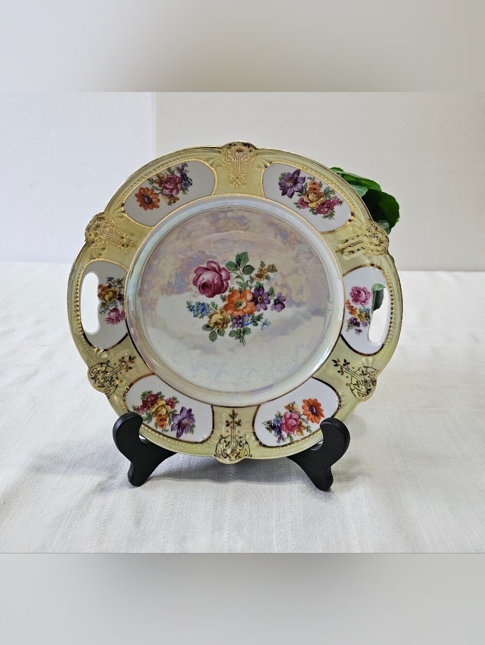 Vintage Germany Porcelain Floral Lustre Handled Cake Plate 10"